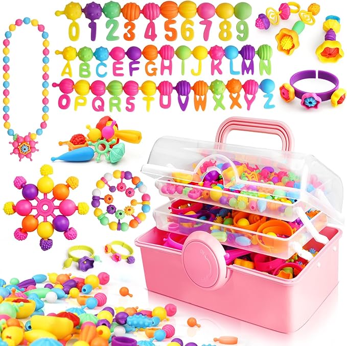FUNZBO 850pcs Pop Beads - Jewelry Making Kit for 3 4 5 6 7 8 Year Old Little Girls, Arts and Crafts Toys for Kids, Necklace Bracelet Ring Hairband Creativity Snap Set Holidays Birthday Gifts