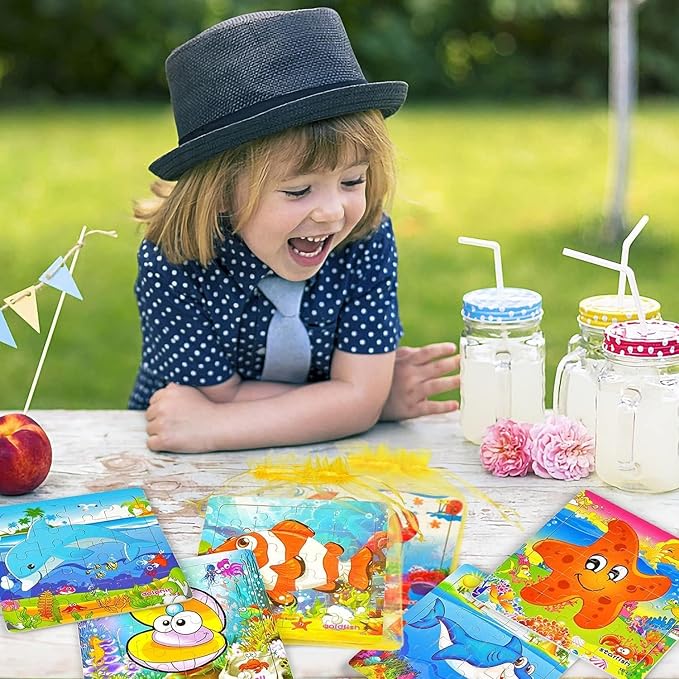 Vileafy Under The Sea Party Favors for Kids – 12 Pack Ocean Animal Wooden Puzzles with Gift Bags – 20-Piece Mini Jigsaw Toys for Boys & Girls Ages 4-8 – Birthday Return Gifts, Classroom Prizes