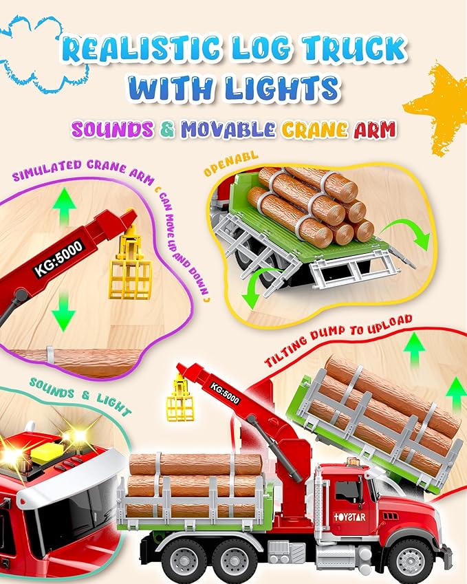 Kids Toys for 3 4 5 6 7 Years Old Boys, 15" Large Farm Truck with Loading Crane and 6 Trunks Friction Powered Truck Vehicle Toy for Toddler, Birthday Gifts for Boy Toddler Child