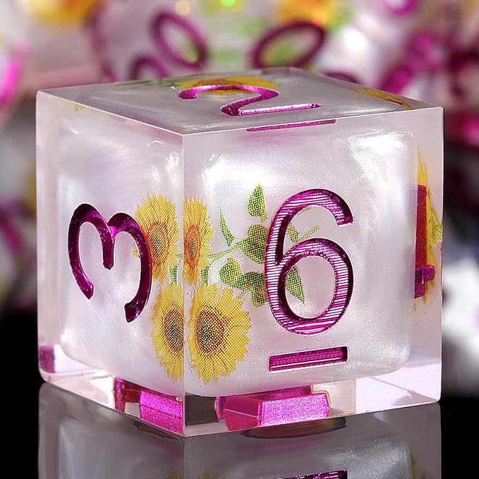 Resin Dice Set DND,DNDND Handmade Resin Sharp Edge Die with Gift Case for D&D Dungeons and Dragon Games (Flowers and Butterflies)