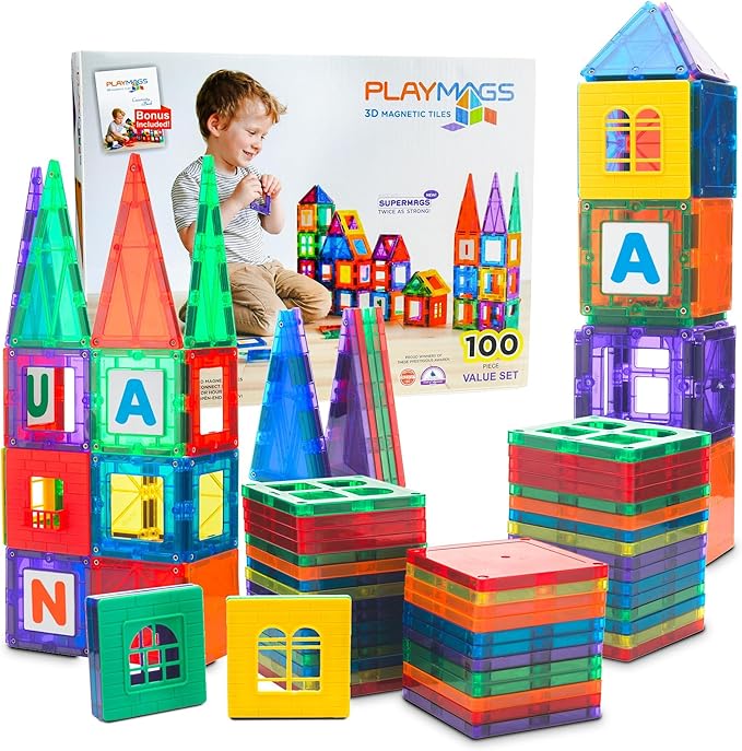 Playmags Magnetic Tiles for Kids – 100pcs Magnet Building Set for Toddlers Ages 1-5 | Stem Montessori Toy for 2 3 4 Year Old Boys & Girls | Toys for Toddlers, Preschool & Middle School Children