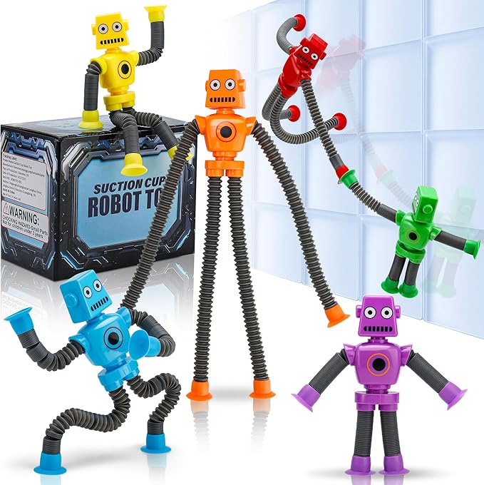 Robot Suction Cup Toys Pop Tubes | 6 PCS-Stretchy Sensory Fidget Toys for Kids Ages 3+ | Perfect for Travel, Party Favors,Autism, Stress Relief | Fun Robot-Shaped Suction Cup Toys