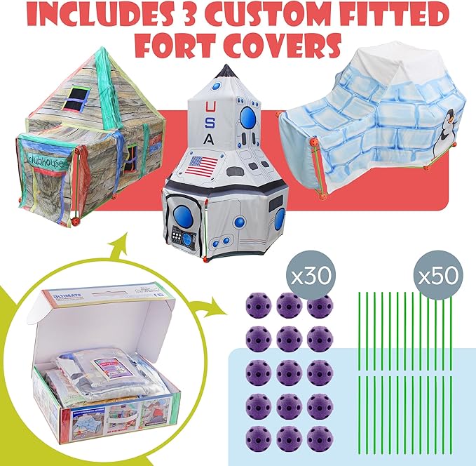 Attatoy Ultimate Play Fort Kit (83-Piece Set), Stick and Ball Fort Building Kit w/ 3 Play Tent Covers