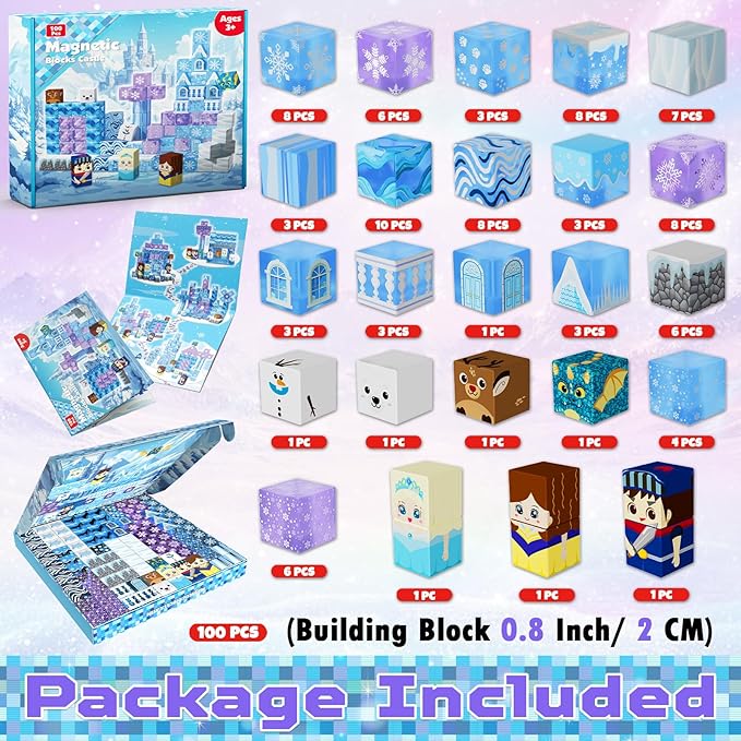Magnetic Blocks - 100PCS Magnetic Building Block for Kids Age 3+, Transparent Magnet Cubes Blue Castle Princess Building Toy Sets, STEM Magnets Toys Birthday Gift for Boys Girls 4 5 6 7 8 9 10 11 12+