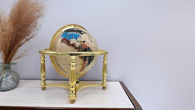 Unique Art 13" Tall 9" Diameter Pearl White Ocean Desktop 4-Leg Gold Stand Gemstone Globe