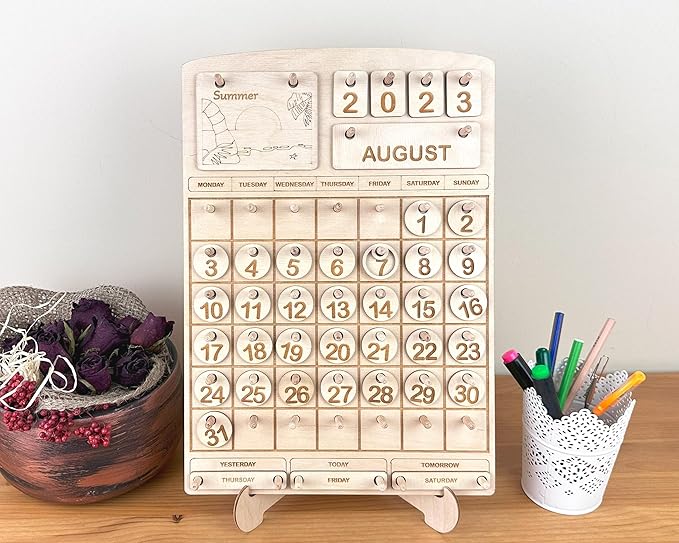 Montessori Wooden Perpetual Calendar, Hands-On Learning Toy for Kids, Homeschool & Classroom Decor, Educational Gift for Toddlers