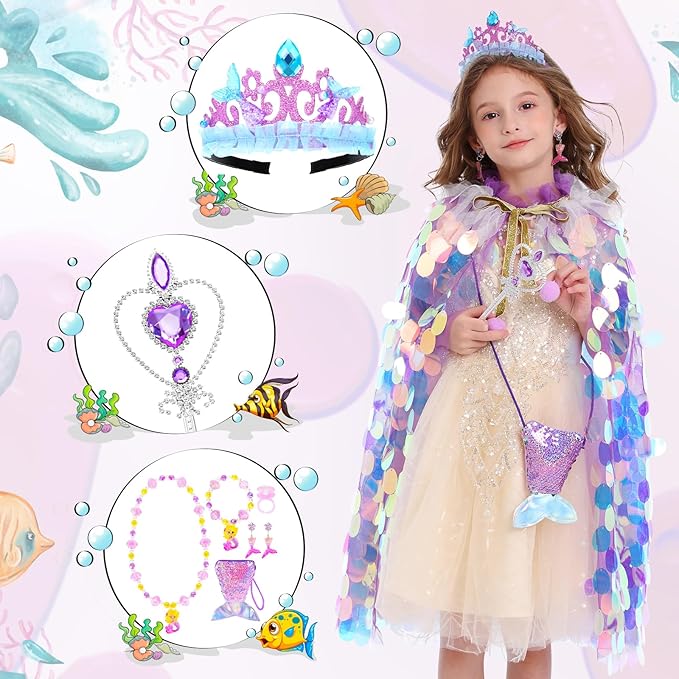 Princess Dress Up Toys Princess Dress Up Clothes Rainbow Mermaid Cape Kit 9 Pcs Gift Set for Little Girls 3-8 Years