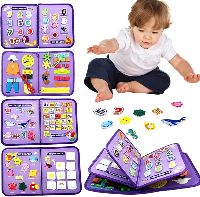 Montessori Busy Board - Busy Book for Toddler 3 4 Educational Toys for Boys Girls, Sensory Activity Board, Fine Motor Skills Learning Gift (Pupple-B)