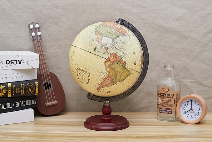 ANNOVA Antique Globe 10" / 25 cm Diameter with A Wood Base, Vintage Decorative Political Desktop World - Rotating Full Earth Geography Educational - Kids, Adults, School, Home, Office (Dia 10-inch)