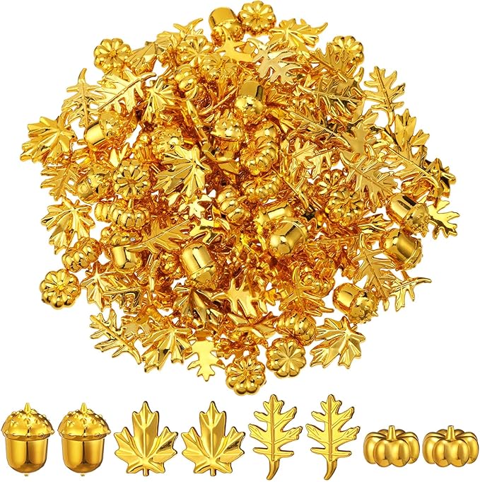 Thyle 120-140 Pcs/ 1 Ib Fall Vase Filler Golden Pumpkin Maple Leaves Acorn Sensory Bin Fillers Small Leaves Tiny Pumpkin Acorn Statue for Fall Thanksgiving Home Table Table Scatters Favor Vase Filler