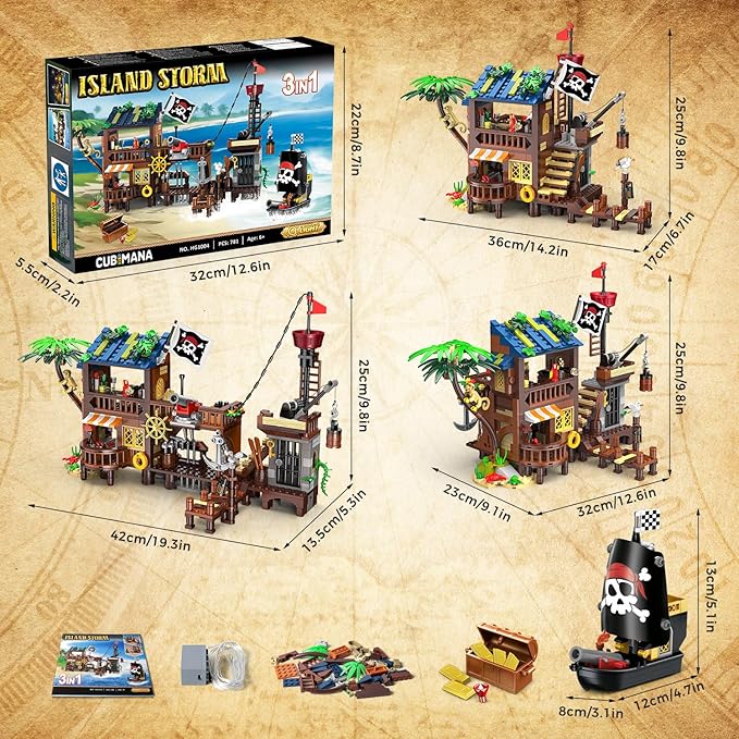 3 Style Pirate Ship Wharf Building Set with LED Light - 781PCS Medieval Pirate's House Building Block Toy, Architecture Bricks Kit for Kids Girls Boys Ages 6-12+ Birthday Gifts