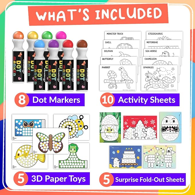 Chalkola 8 Washable Dot Markers for Toddlers 1-3 | with 20 Page Coloring Activity Book Kit, Bingo Daubers | Preschool Paint Dot Art Set - Toddler Arts and Crafts Supplies for Kids Ages 2-4 Years Old