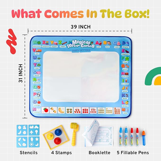 Water Doodle Mat | Mess Free Painting for Toddlers | Doodle Pad for Kids Ages 3-12 | Toddler Drawing Pad with Fillable Pens & Booklet | Fun and Interactive Water Mat for Girls & Boys | Sagemax