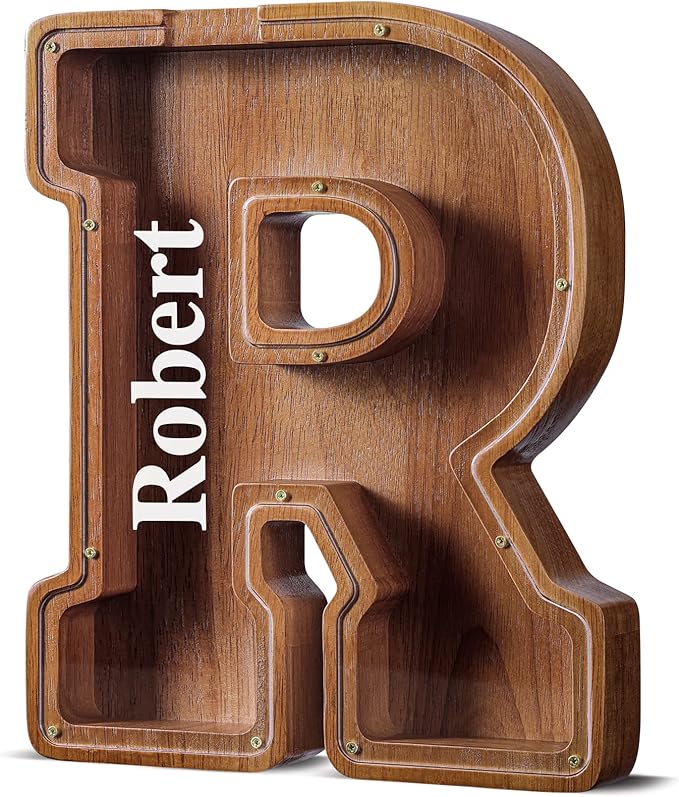 Summidate Customized Name Extra Large Wooden Piggy Bank for Kids Boys Girls Alphabets Letter A-Z Coins Bills Money Change Saving Box Clear Cover (Laser Engraved) Educational Toys 12"- Letter R