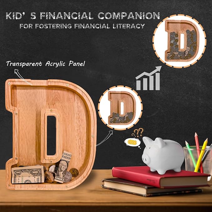 Wooden Letter Piggy Bank for Kids Larger Letter Piggy Bank for Boys and Girls Personalized Piggy Bank Initial Coin Bank Wood Kids Money Bank for Birthday and Festival