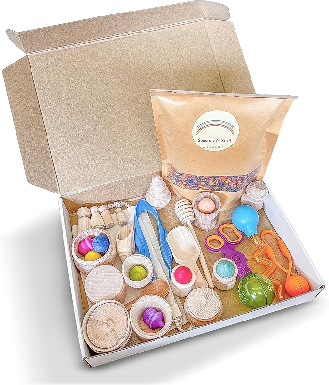 Rainbow Rice and Sensory Bin Tools (30 Pieces), Wooden Sensory Bin Tools and Scoops with Chemical-Free and Food-Safe Rice, Table Tools for Fine Motor Skills