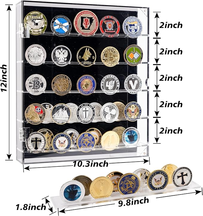Coin Holder, Challenge Coin Display, Acrylic Military Coin Display Case with Removable Shelves and Magnetic Door, Fits 45 Military Medals Poker Chip Pins Badges, for Casino Poker Chips Collectibles