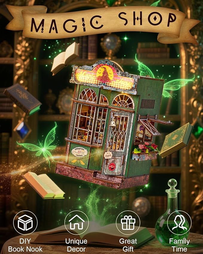 Book Nook Kit – Magic Shop DIY Miniature House with LED Lights, 3D Wooden Puzzle for Adults, Teens & Beginners – Bookshelf Decor Gift for Book Lovers & Families
