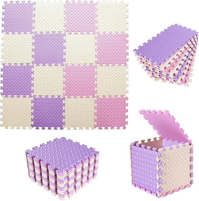 Foam Play Mat for Baby, 0.4 Inch Thicked Interlocking Floor Mats with Solid Colors, Soft Non-Toxic Squares Baby Play Mat, EVA Foam Puzzle Floor Mat for Toddler, 16 Tiles(Pink/Beige/Purple)