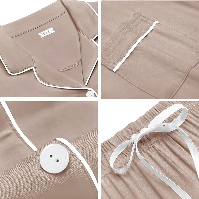 SWOMOG Womens Button Down Pajamas Set Short Sleeve Sleepwear Bride Soft Pj Lounge Sets XS-3XL