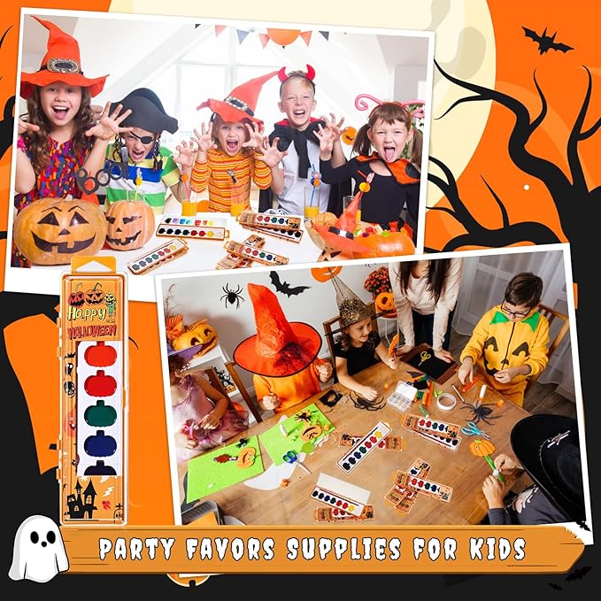 48 Pack Halloween Pumpkin Watercolor Paint Set for Kids 8 Washable Colors with Brushes Water Color Painting Kit for Halloween Painting Kit Gift Party Supplies