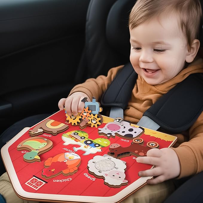 Wooden Montessori Farm Puzzles for Toddlers 1-3 – Interactive Sensory Animal Toys with Textures & Sound -Educational Puzzle & Baby Gifts for Fine Motor Skills & Autism Friendly (8 Puzzles)