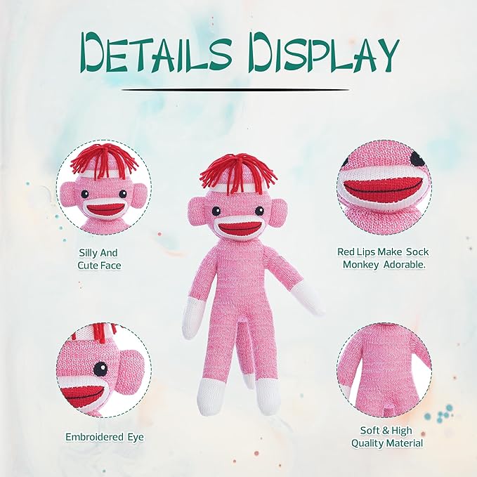 Adorable Sock Monkey 8 inch, The Original Traditional Hand Knitted Stuffed Animal Toy Gift-for Kids, Babies, Teens, Girls and Boys Baby Doll Present Puppet (Pink 8inch)