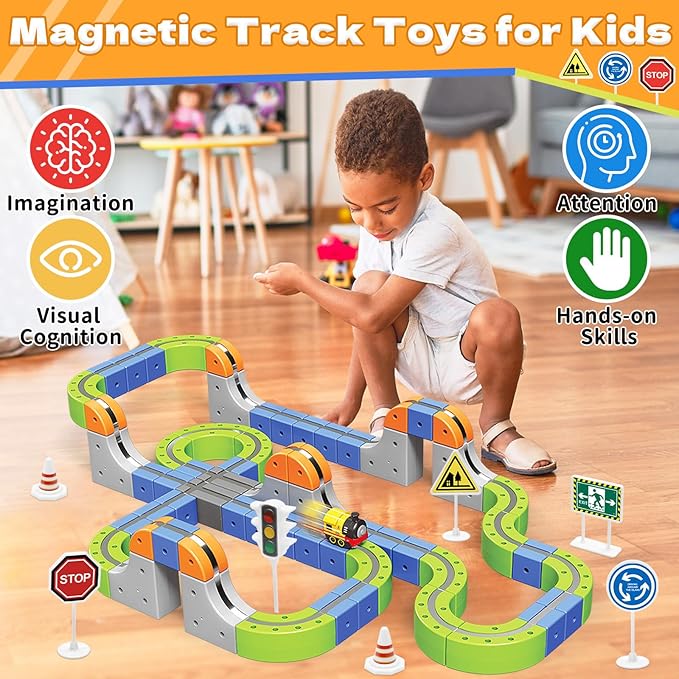 Magnetic Track Car Toys, 101PCS Flexible Race Car Track Sets for Toddlers with Electric Train, Traffic Signs, Kids Train Set Toys for 3 4 5 6 7 8 Year Old Boys Girls Birthday Party Gift-Large