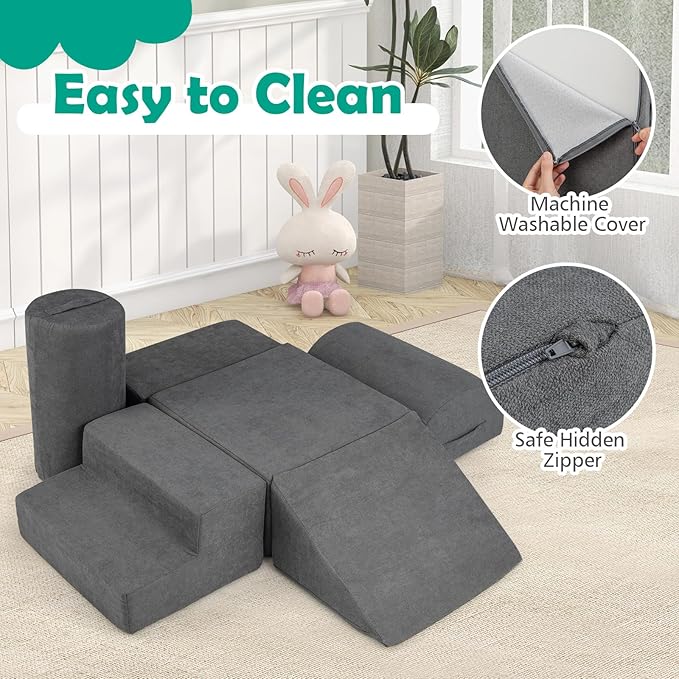 Costzon Toddler Climbing Toys Indoor, 6 Pieces Foam Climbing Blocks for Baby Inside with Skin-Friendly Chenille Fabric, 30D High-Density Foam & Carrying Handles, Soft Play Climbing for Toddlers (Gray)