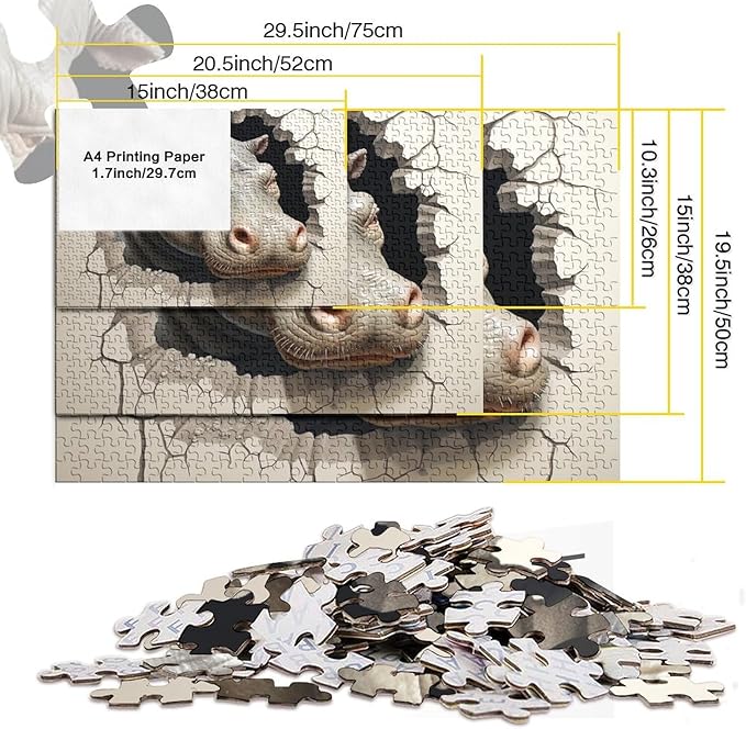 Hippo Thickened Wooden Jigsaw Puzzle Adults Fun 500 Piece 3D Animal Education Game Decoration Stress Relief Toy Toy Intellectual Game Relaxation and Intelligence 500pcs (52x38cm)