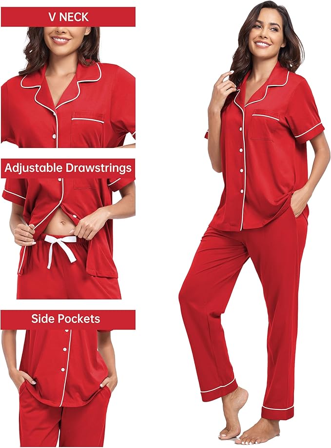 CF Womens 100% Cotton Pajamas Set Button Down Pjs Sets Short Sleeve Top & Long Pants Sleepwear Comfy Loungewear with Pockets