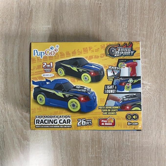 Take Apart Toy Racing Car for Kids Age 3+ Year Old, 2 in 1 Build Your Own Car with Realistic Sounds & Lights, Construction Vehicle Toys with Electric Drill, Ideal Gitfs for Boys(4 Spare Screws)