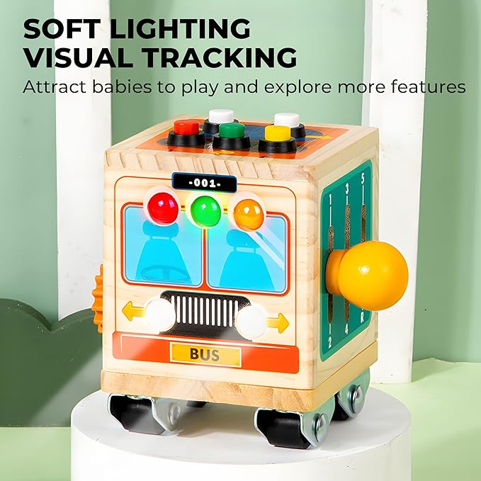 Wooden Activity Cube for Baby,Bus Busy Cube Montessori Travel Toys for Toddler 1 Year Old