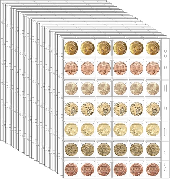 25 Sheets Coin Collection Pocket Pages for Collectors, Coin Sleeves Holder Book, 9-Holes Coin Album Collecting Binder for Coin Stamp Currency Collection Coin Stamp Currency Collection