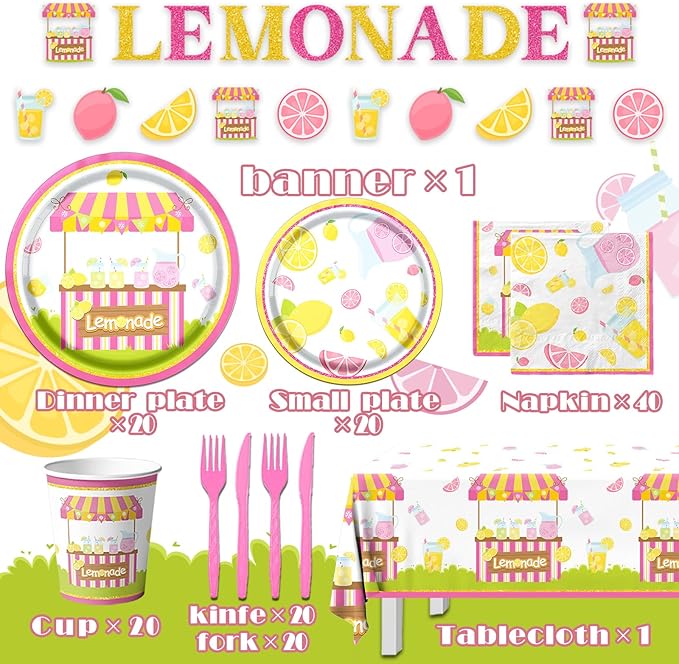 Lemon Party Supplies - 142Pcs Lemonade Party Decorations Tableware Set Includes Lemon Plates,Napkins,Cups,Banner,Lemonade Tablecloth for Lemon themed Birthday Party Baby Shower Party, Serves 20