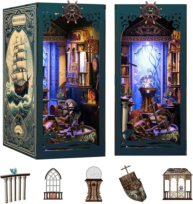 Book Nook Kit - DIY Enchanted Cottage Miniature House for Adults & Teens, 3D Wooden Puzzle Booknook with LED Lights, Bookshelf Insert Decor & Creative Model Building（Riddle On The Sea Floor）
