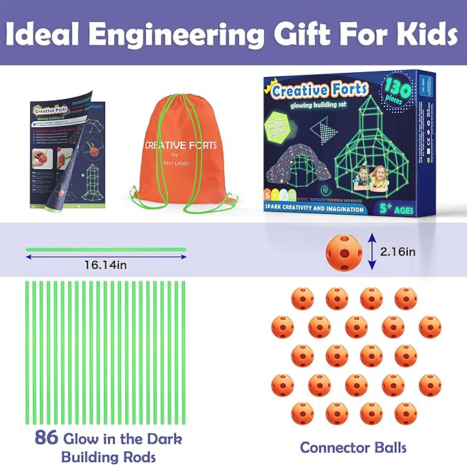Tiny Land Glow Fort Building Kit for Kids Creative Fort Indoor & Outdoor Construction Toys with 86 Rods and 44 Balls for 5-12 Year Old Boys & Girls STEM Building Toy Gifts with Storage Bag