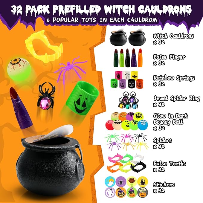 256 PCS Prefilled Halloween Party Favors Bulk for Kids, 32 Pack Prefilled Witch Cauldrons With Halloween Toys, Halloween Goodie Bag Fillers