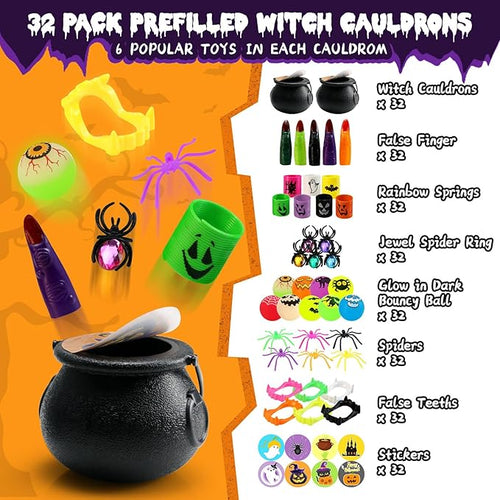256 PCS Prefilled Halloween Party Favors Bulk for Kids, 32 Pack Prefilled Witch Cauldrons With Halloween Toys, Halloween Goodie Bag Fillers