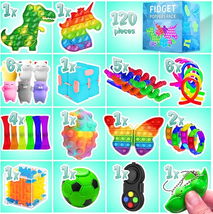 Fidget Toys, 120 Pack Fidgets Set Stocking Stuffers for Kids Party Favors Autism Sensory Toy Bulk Adults Kids Boys Girls Teens Stress Autistic ADHD Anxiety Carnival Treasure Classroom Prizes
