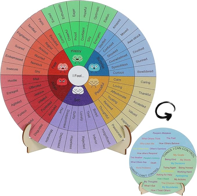 TIESOME Feelings Wheel Therapy Office Desk Decor, 6 Inches Double-Sided Wood Mental Health Emotions Chart with Stand for Women Men Counselor Therapist Home Office