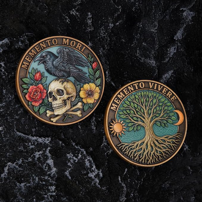 Memento Mori Memento Vivere Dual Sided Challenge Coin - Skull & Tree of Life Design Motivational Token - Inspirational Gift