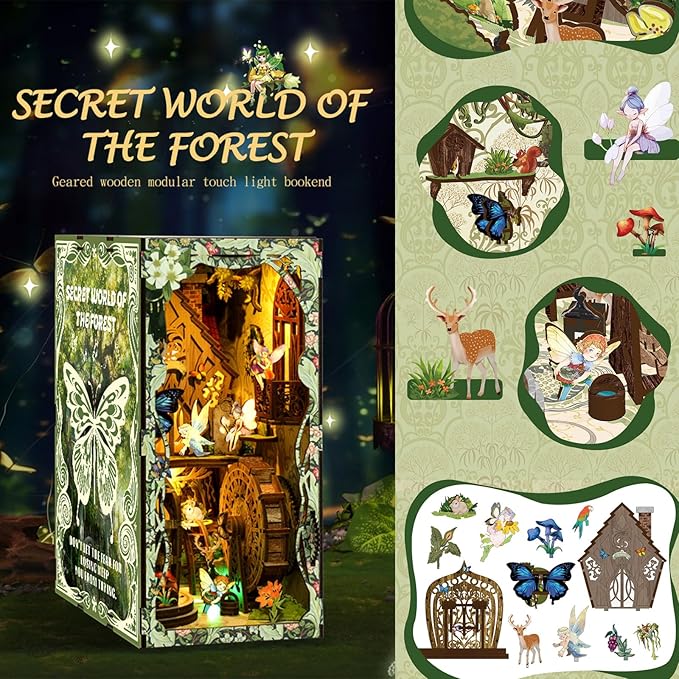 ISSEVE Book Nook Kit, DIY 3D Wooden Puzzle Dollhouse Booknook for Adults, Tiny Miniature House Kit Bookshelf Decor with LED Light and Dust Cover, Gifts for Family and Friends (Forest Secret World)