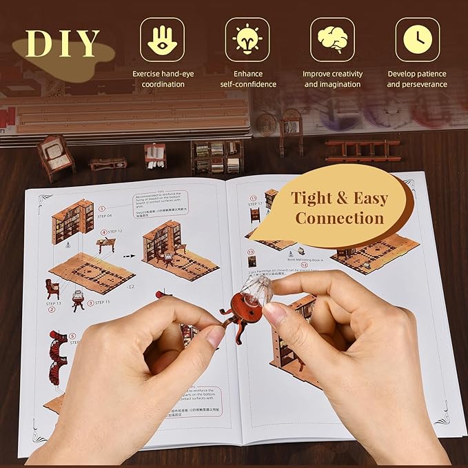 Book Nook Kits for Adults, DIY Book Nook Kit Miniature House Dollhouse Kit, 3D Wooden Puzzle Booknook Bookend Bookshelf Decor Model Build with Dust Cover (Abbey Library)