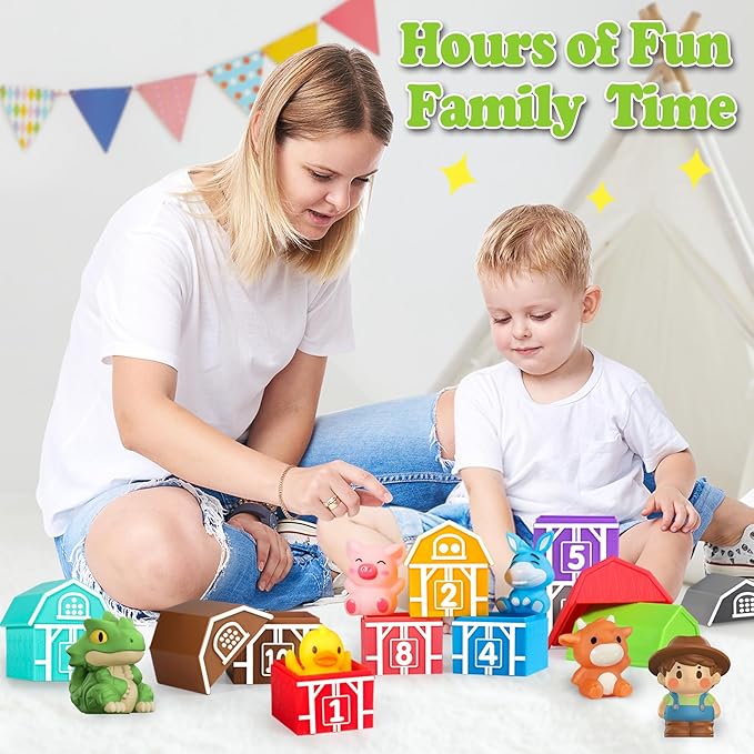 Oriate Learning Farm Animals for Toddlers 1-3, 20Pcs Farm Animals Barn Toy Montessori Counting, Matching & Sorting Fine Motor Games, Birthday Easter Gift for Baby Boys Girls Age 12M+