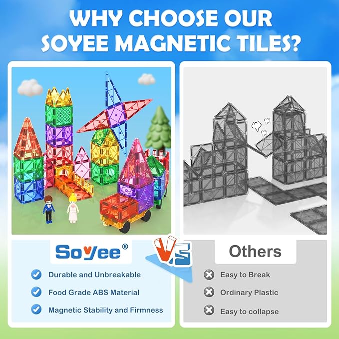Soyee Magnetic Tiles with 2 Cars Kids Gifts Boys Toys for 3 Year Old Boys Educational Toys for Toddlers Kids Age 3-5 4-8 Car Train Building Toys
