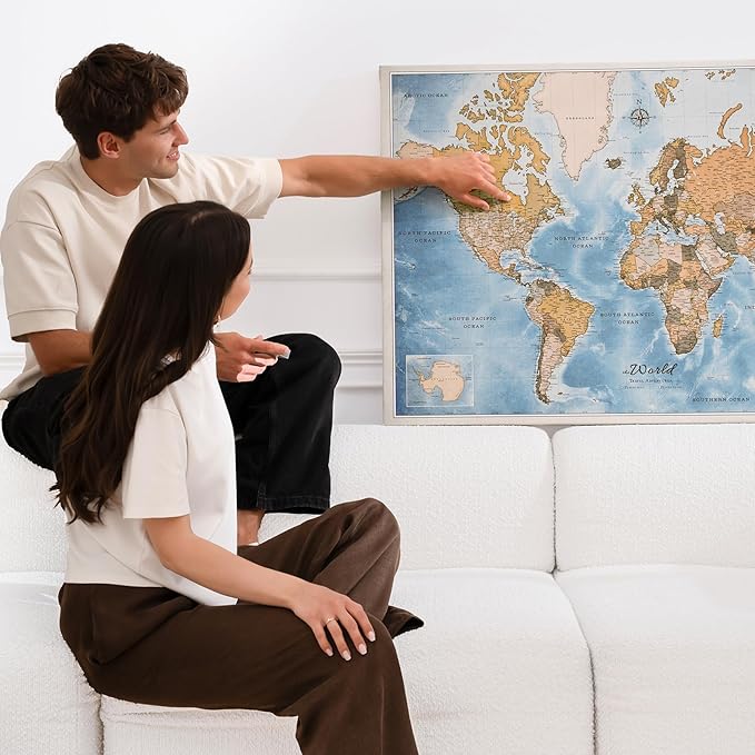 Canvas World Map with Cork Pin Board - English Lettering - Decorative Wall Decoration for All Rooms - Canvas Pictures with World Map Motif (150x100 cm, Pattern 15)