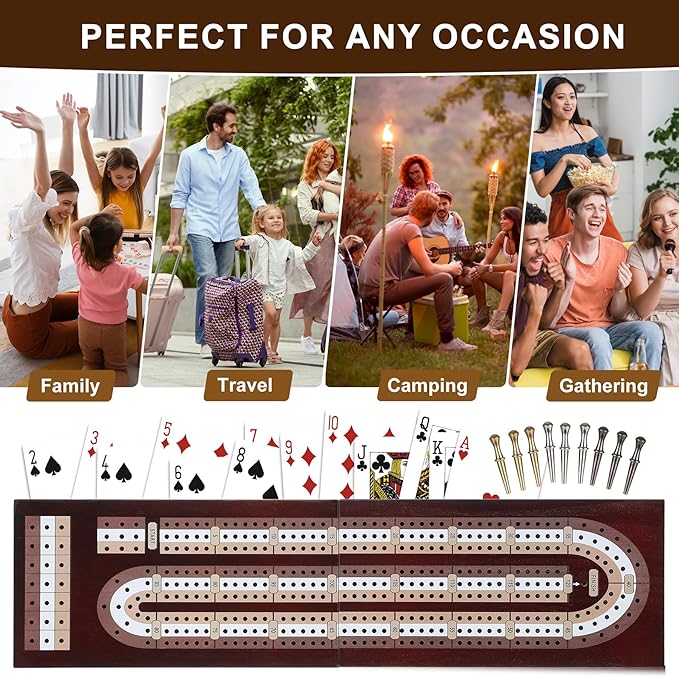 Cribbage Board Game Set, Premium Wooden Board with Magnetic Lock and Built-in Storage, Deck of Cards & 9 Metal Pegs, Fun 2–3 Player Travel Game for Adults and Family