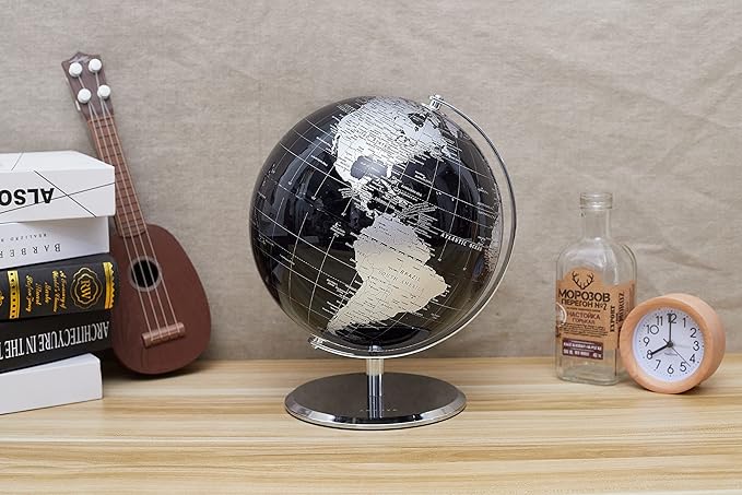 ANNOVA Metallic World Globe Black – Educational/Geographic/Modern Desktop Decoration - Stainless Steel Arc and Base/Earth World - Metallic Black - for School, Home, and Office (10-Inch)