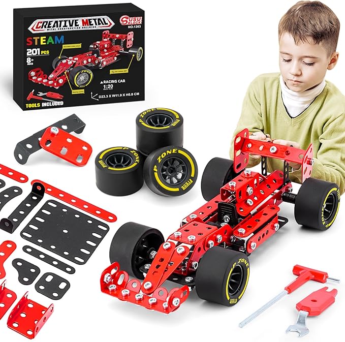 Building Car Metal Model Kits,STEM Building Toys Model Car Kits for Boys 8-12,Erector Sets 1:20 Scale Red Racing Car Metal Building Blocks for Kids Boys 8 9 10 11 12-16 Years Old